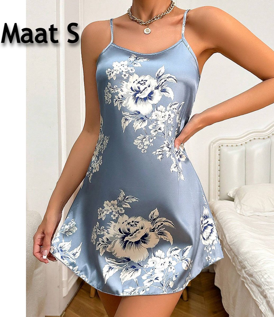 LaGloss® Satijnen Nachtjurk Blauw met Bloemenprint - Spaghetti Bandjes - Mini Lengte - Elegante Onderjurk voor Dames - Maat S **
