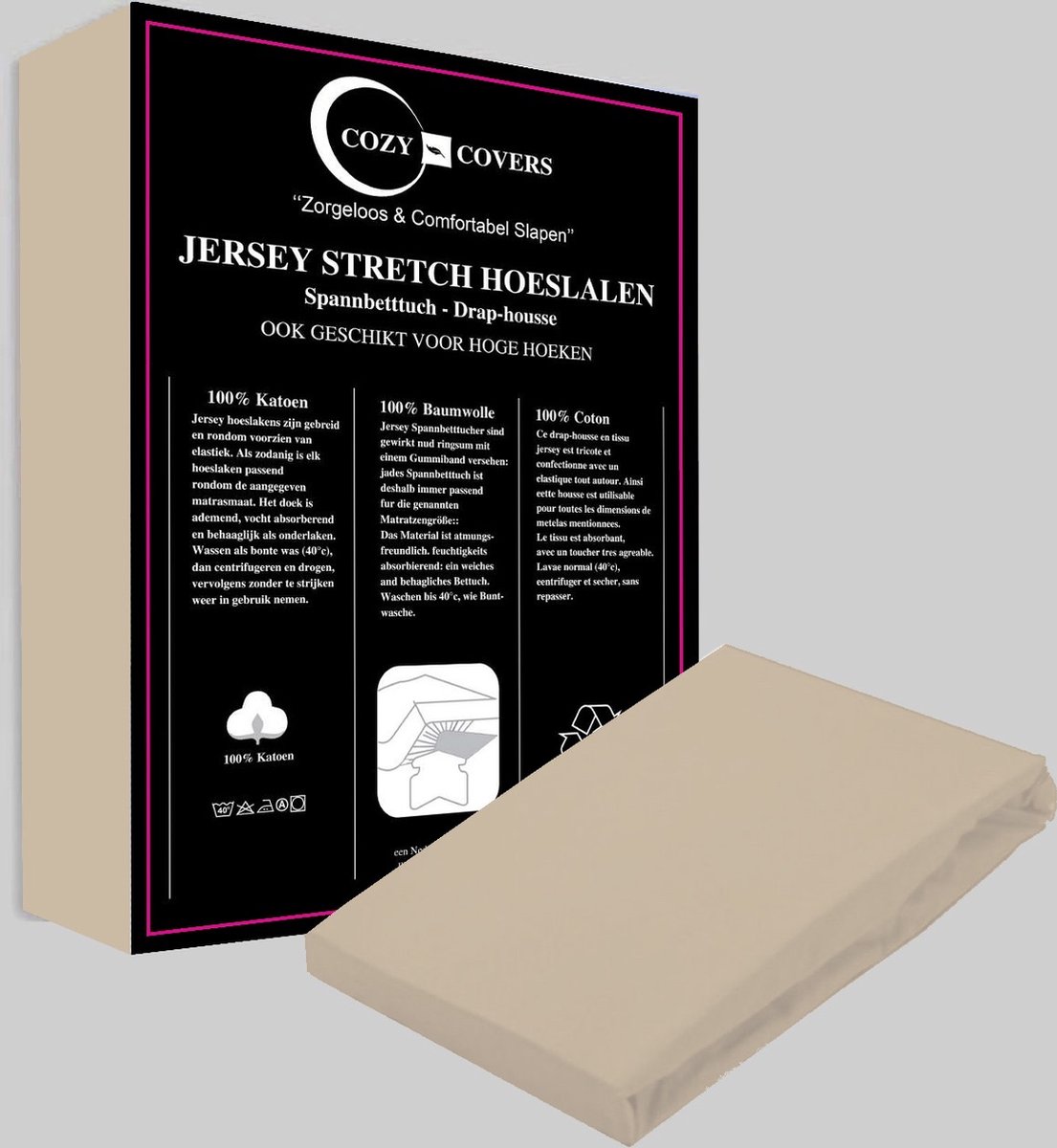 Cozy covers Jersey hoeslaken 100% katoen 160/180x200 cm - rondomelastiek + 30 cm matrasdikte - Zand
