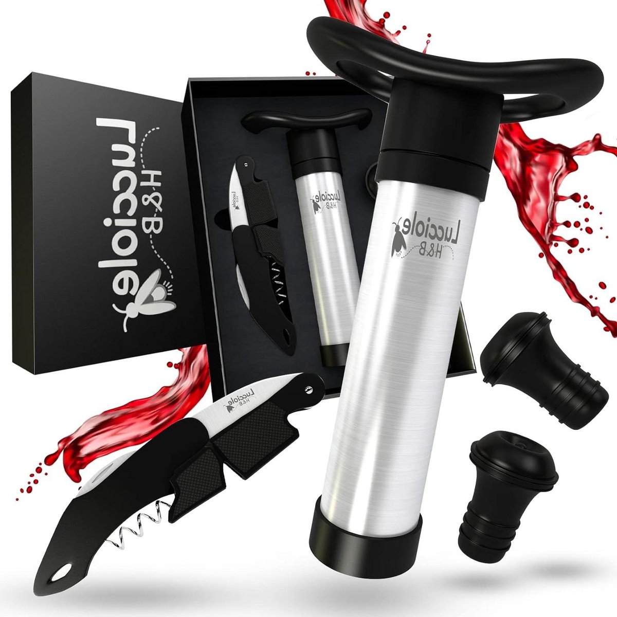Vacuum Wine Pump with 2 Bottle Stoppers and Corkscrew - Stainless Steel Wine Saver Pump