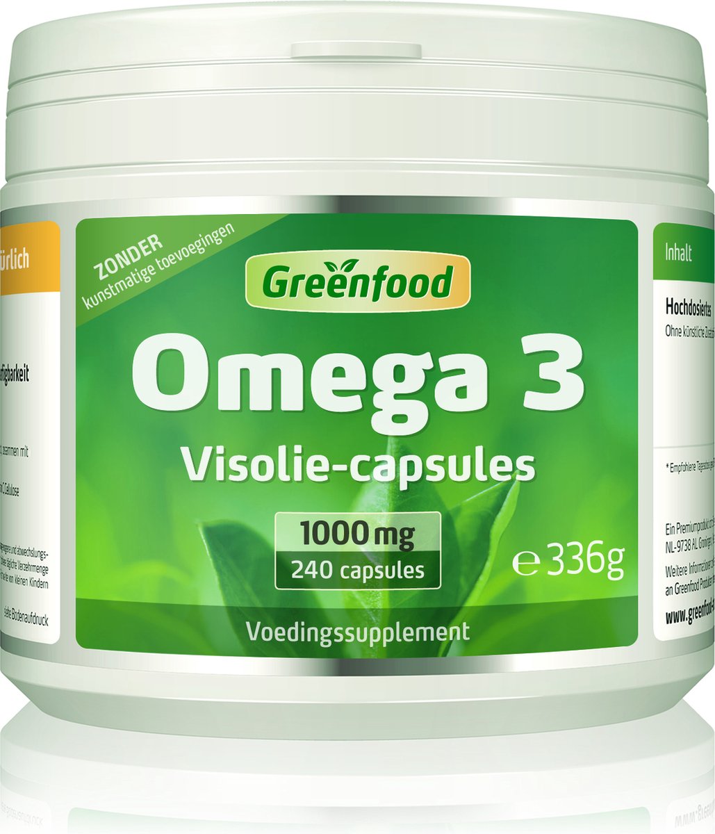 Goedkoopste Greenfood Omega 3 Visolie, 1000 mg, extra hoge dosering, 240 softgels - rijk aan EPA/DHA. Draagt bij tot de normale werking van het hart (EPA/DHA), het gezichtsvermogen en de hersenfunctie (DHA). Zonder kunstmatige toevoegingen.