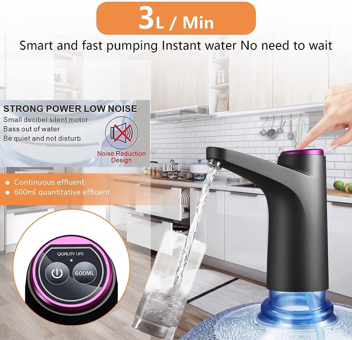 Elektrische waterflespomp, USB-oplaadbaar, automatische drinkwaterpomp, 15 liter, elektrische waterdispenser, oplaadbaar, opvouwbare drinkwaterpomp voor thuis, kantoor, keuken, camping (wit