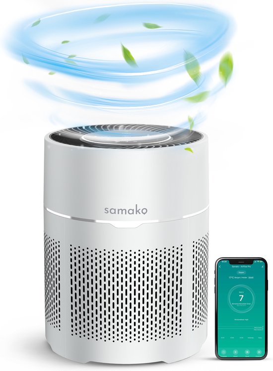 Foto: Samako airflow luchtreiniger hepa 13 pro filter hooikoorts huisdier allergie n huisstofmijt luchtkwaliteitsindicator air purifier nederlandse app slaapstand