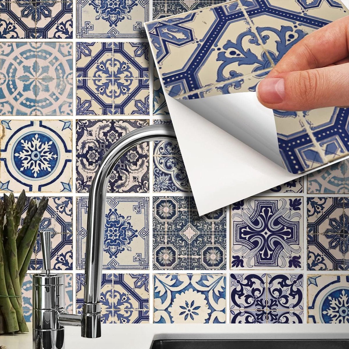 Tile Stickers Self Adhesive - Peel And Stick Vinyl Decoration - Waterproof Kitchen Floor Bathroom Living Room Cabinet - Malaga Spanish Blue - 24 Pieces 15cm(6") Multicolor Tegelstickers