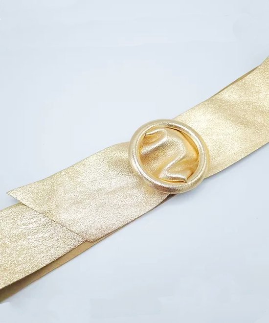 Gouden sandalen met brede hak en bandje over de voet