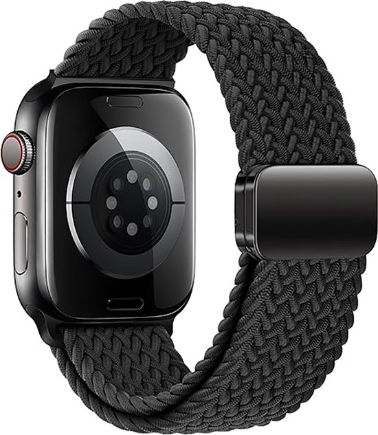 Zwarte gevlochten nylon band met magnetische sluiting om een Apple Watch.