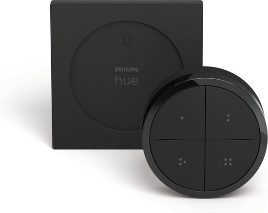 Zwarte Philips Hue tap-dial switch met vier knoppen en een vierkant basisstation.