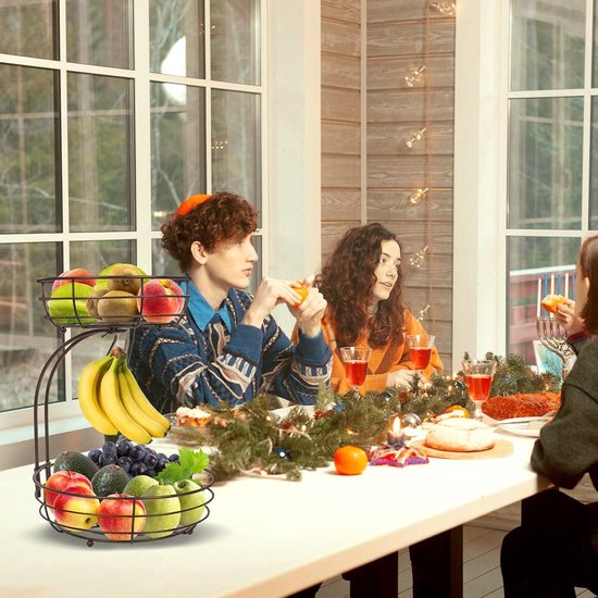 Fruitmand met 2 verdiepingen, met bananenhouder, fruitetagère voor het Fruitmand met 2 verdiepingen, met bananenhouder, fruitetagère voor het