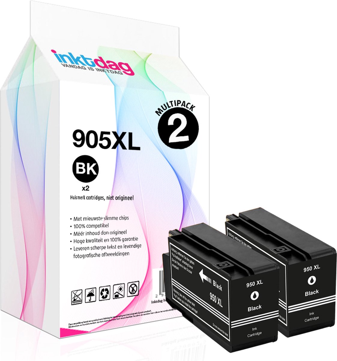 Inktdag inktcartridge voor HP 950XL zwart 2 pcs multipack, HP 950 BK 2 pcs, hp 950XL BK 2 pcs multipack geschikt voor HP OfficeJet PRO 8100, 8600, 8600 Plus, 8610, 8615, 8620, 8630, 8640, 8660 (Mét chip)