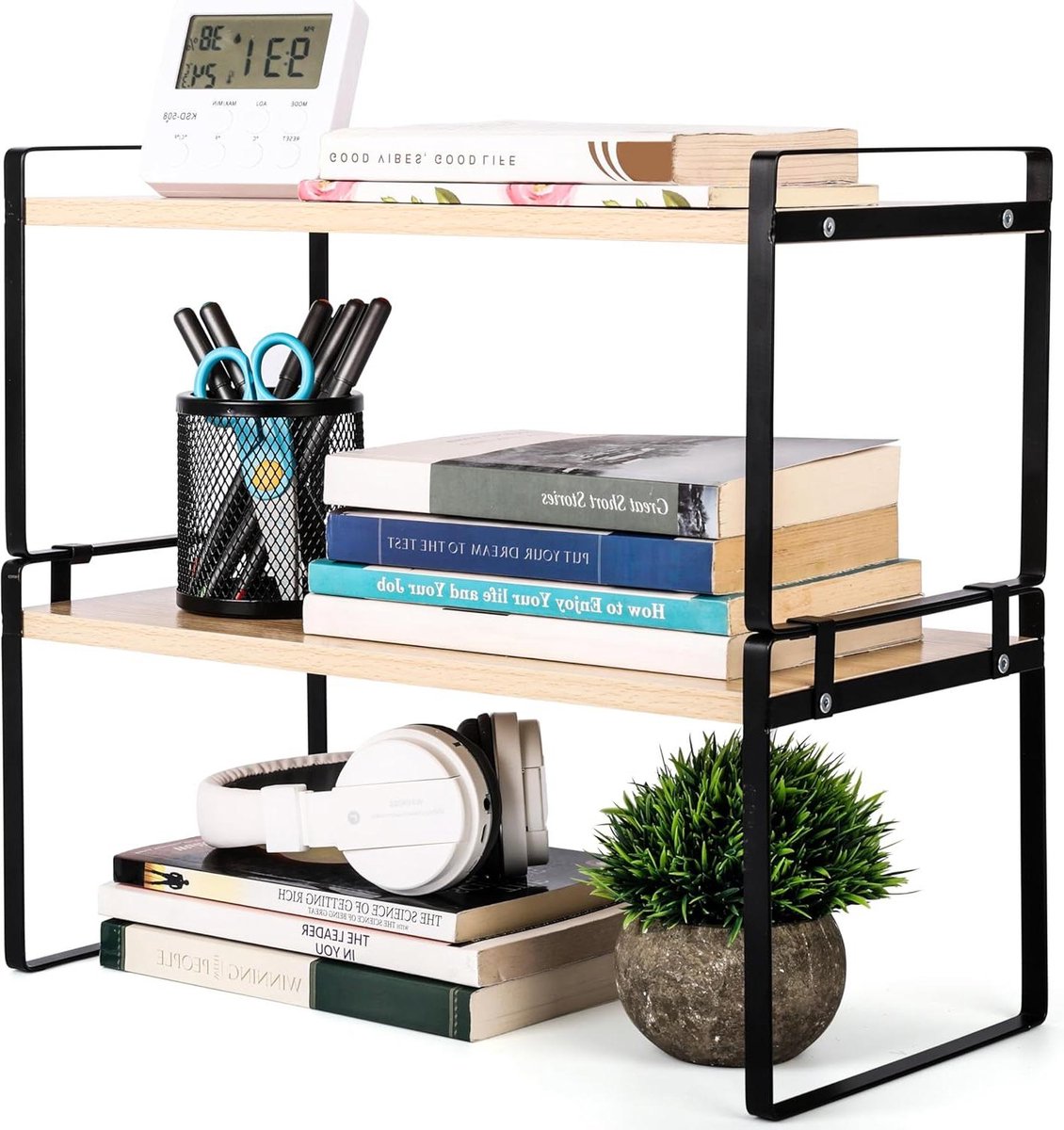 Desktop Organiser Shelf - Stackable Wooden 2-Tier Storage Rack for Home Table Kitchen or Desk - Freestanding Display Shelf for Books Decor or Office Supplies - Brown and Black