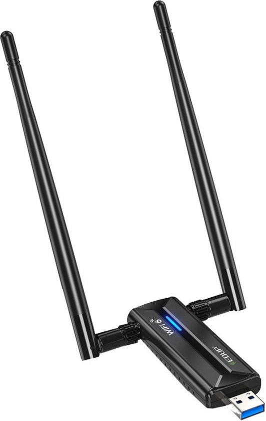 Zwarte EDUP WiFi 6 adapter met twee antenne armen, USB 3.0 connector en een blauw oplichtend LED-lampje.