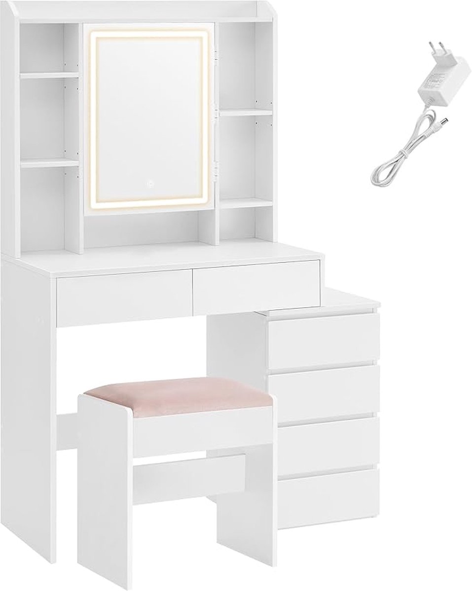 CLP Coiffeuse avec éclairage et Miroir 110x55 cm Ginny, Miroir Hollywood à LED dimmable avec 3 Couleurs de lumière, avec tiroirs, Couleur:Blanc