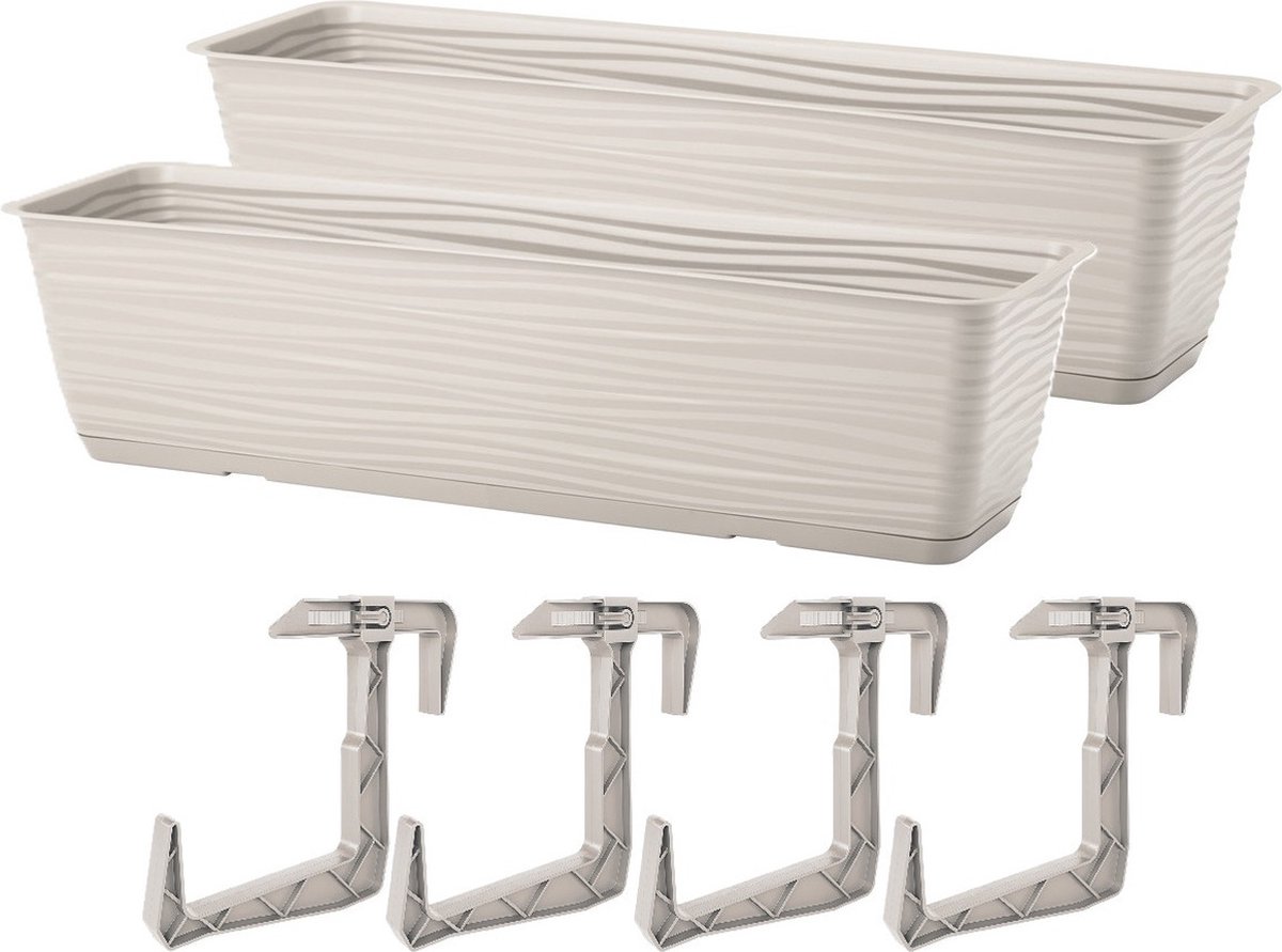 Form Plastic Balkon plantenbak Balustrade - 2x - incl ophangbeugels - kunststof - lichtgrijs - L60 x B17 x H14