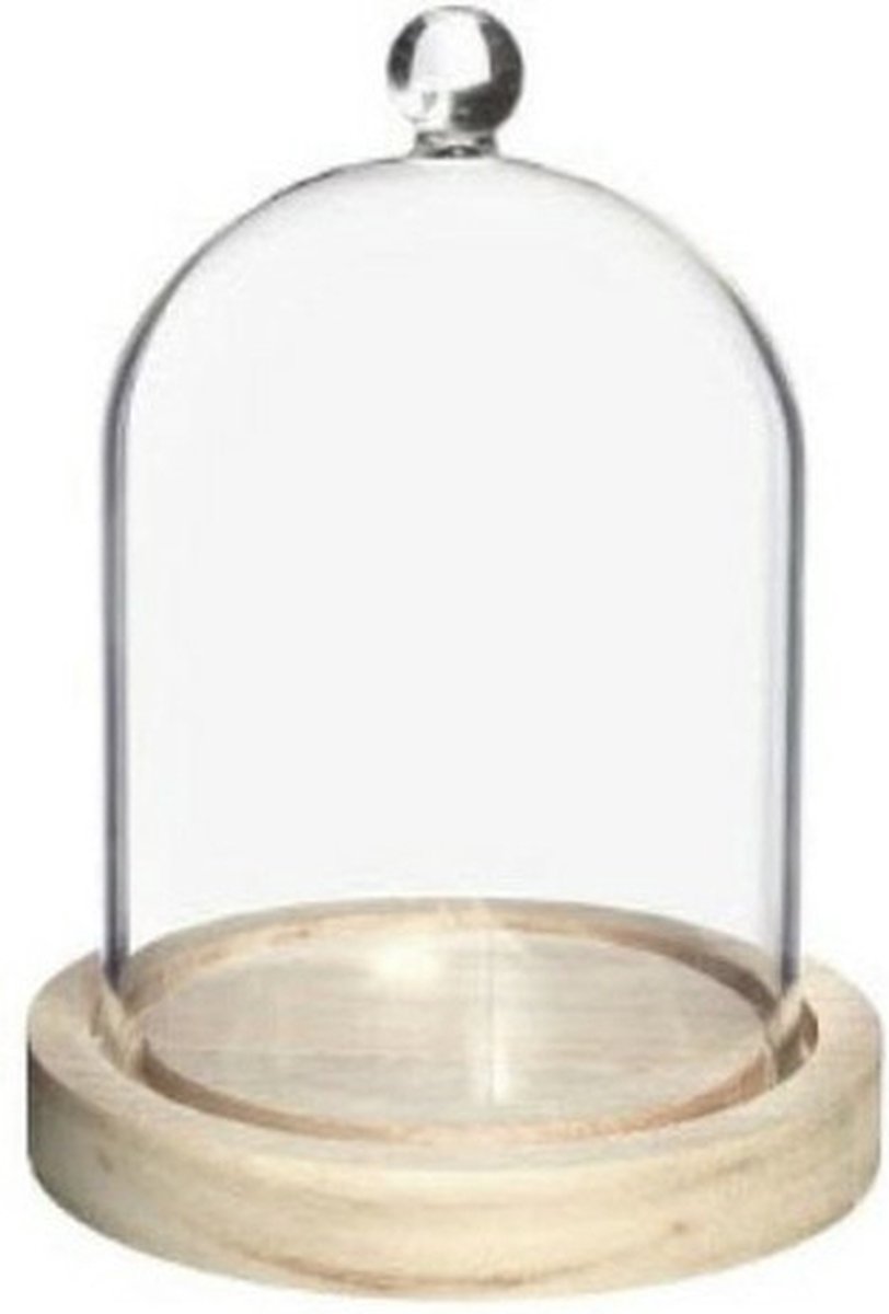 Ideas4Seasons Decoratie stolp met knopje - klein - houten plateau - D12 x H15 cm - presentatie stolpen