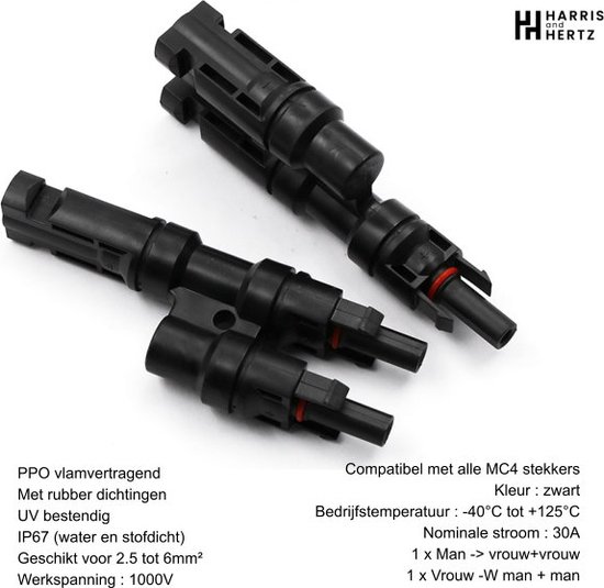 Harris and Hertz - MC4 Zonnepaneel T-Splitter - Solar MC4 Connector - IP67 - 2 Male naar 1 Female + 2 Female naar 1 Male - 1 van elk van HARRIS — afbeelding 2