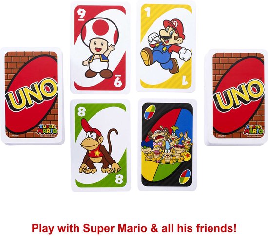 UNO Super Mario speelkaarten met Toad, Mario, Donkey Kong en de Koopalings.