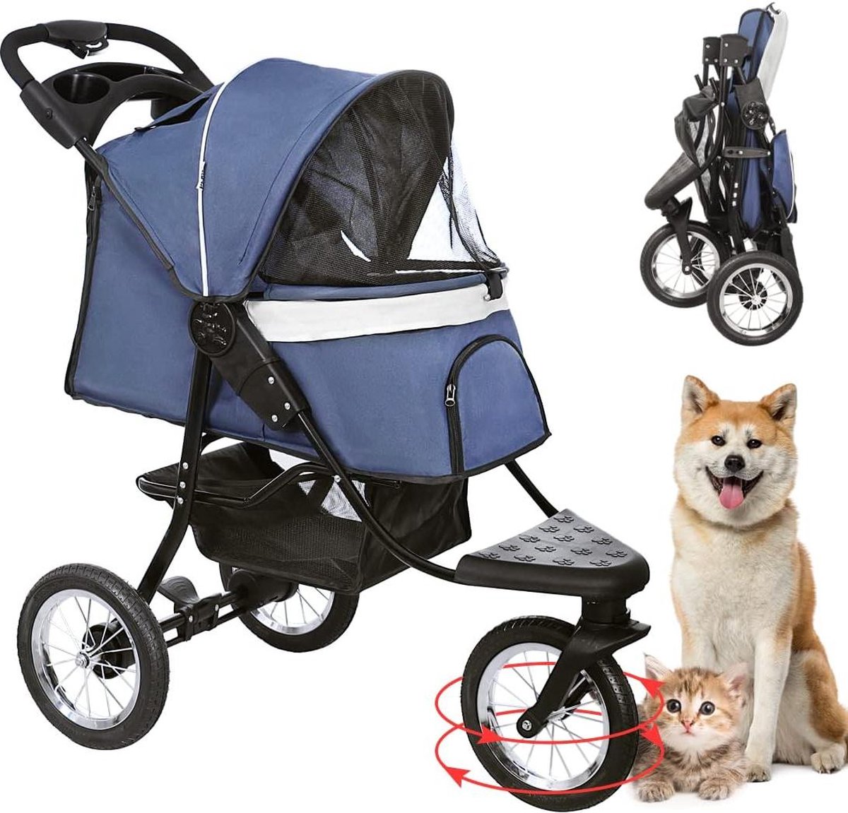 Opvouwbare hondenbuggy voor huisdieren tot 25 kg - donkerblauwe hondenkinderwagen met 3 wielen Hondenbuggy