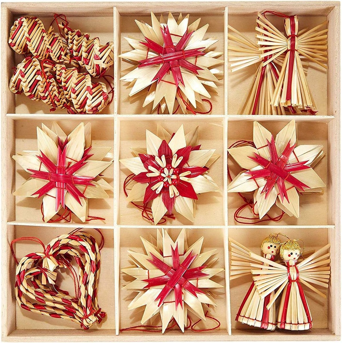 Kerstboomversiering van stro - stro boomversiering met rode accenten - Cadeau Versiering - kerstboomhanger van natuurlijk materiaal - 25-delige set