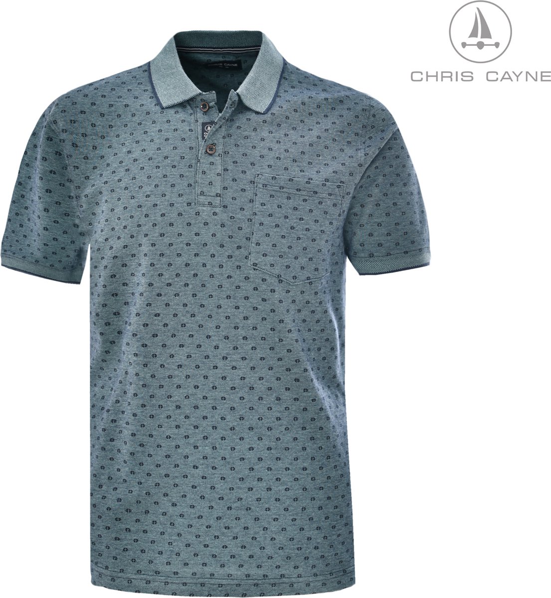 Chris Cayne poloshirt - heren - L - valt ruim - groen/navy - borstzak - polokraag - korte mouw - jacquard - patroon - tweekleurig