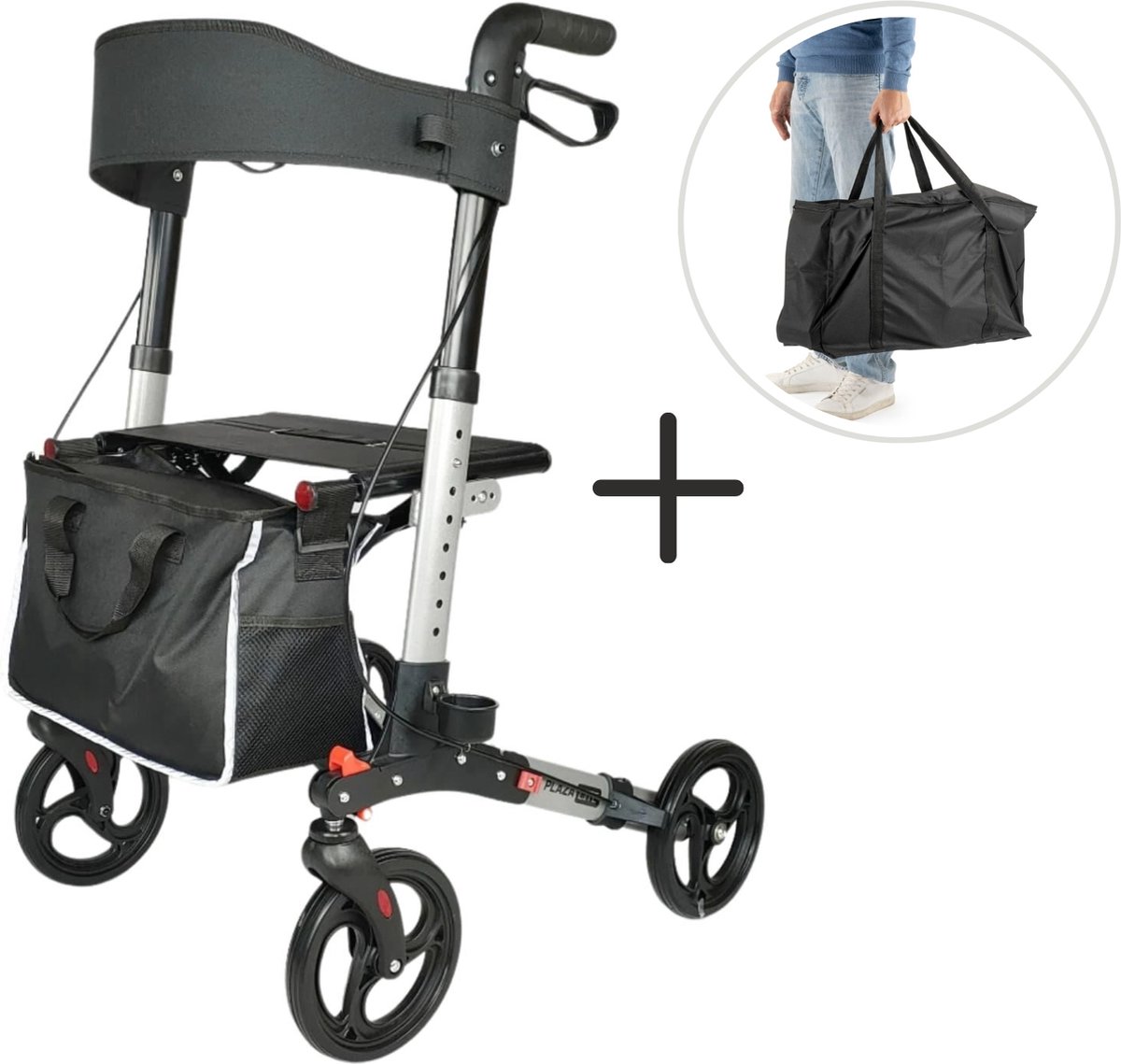 Goedkoopste Rollator Plaza Lite - Lichtgewicht - Drie dubbel opvouwbaar - Anti-lek banden - Zilver - Inclusief transporttas