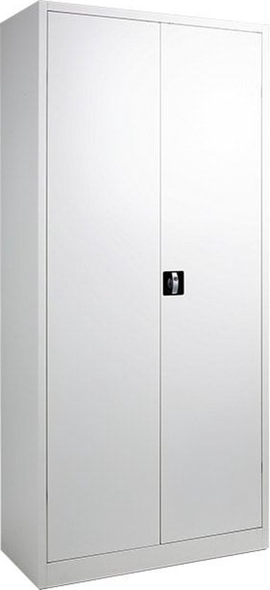 Witte archiefkast met twee deuren en een zwarte handgreep met slot.