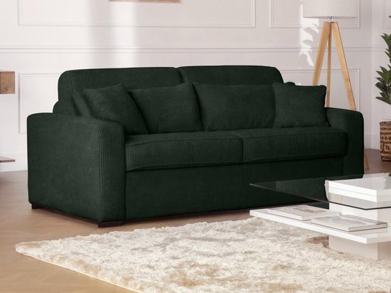 Vente-unique Express-vierzitsslaapbank van groen ribfluweel - Bed 160 cm - Matras 16 cm - MONDOVI