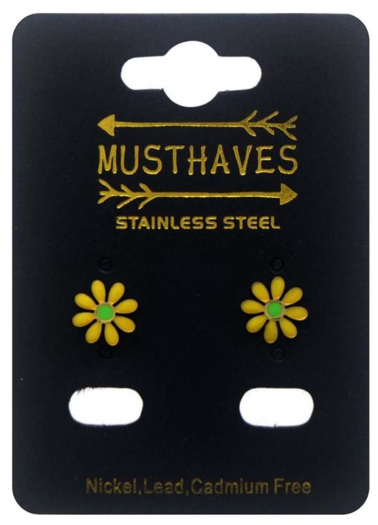 Boucles d'oreilles - Puces - Clips d'oreilles - Acier inoxydable - Acier inoxydable - Fleurs - Marguerite - Jaune - 10mm - Couleur or