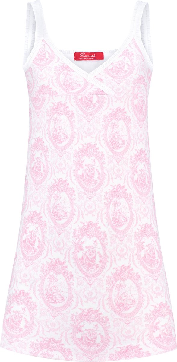 Exclusief Luxueus Kinder ondergoed, Luxe mooi zacht roze Girly Nachthemd / Slipdress van Hanssop met fashionable elastische rand details en in een luxe exclusieve Hanssop Pink Toile design, Meisjes Nachthemd, zacht roze toile print, maat 128