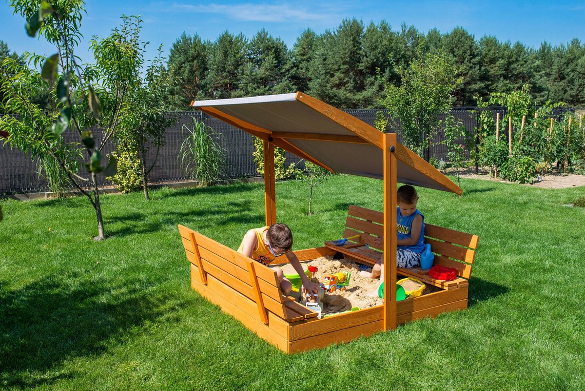 Afsluitbare XL Zandbak met Dak 140x140 cm – Gecertificeerd & Geïmpregneerd Hout | Incl. AFDEKZEIL, GRONDDOEK & Montagevideo | Voor 2-3 Kinderen | Grijs — afbeelding 5
