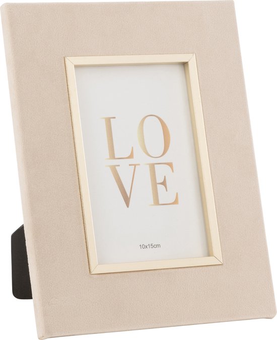 Beige fluwelen fotolijst met gouden rand en de tekst 'LOVE' in het midden. Met standaard.