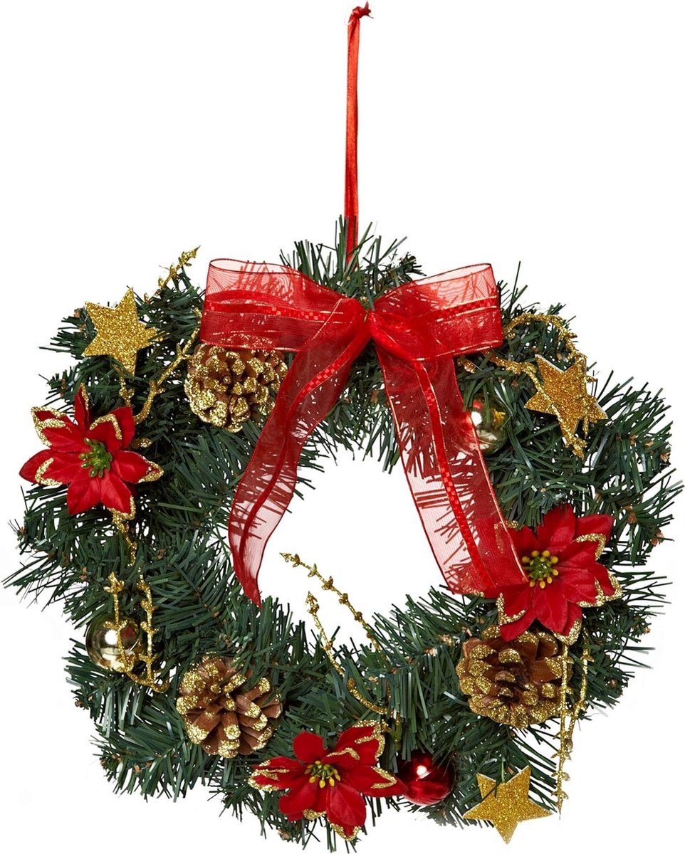 Kerstkrans - deurkrans - wandkrans - Tafelkrans - versierde krans van dennentakken - groen, rood, goud - 32 x 32 x 10 cm