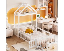 Sweiko Kinderbed, Huisstijl, 90 x 200cm bed, Massief Houten Wieg, Opbergruimte met kledingrek,Volledig beschermende grille en deur, Vlak noedelsframe, Wit(Geen matras)