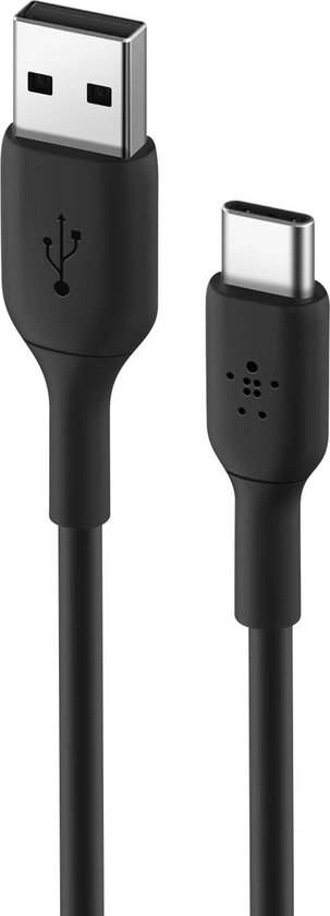Zwarte Belkin USB-A naar USB-C kabel, close-up.