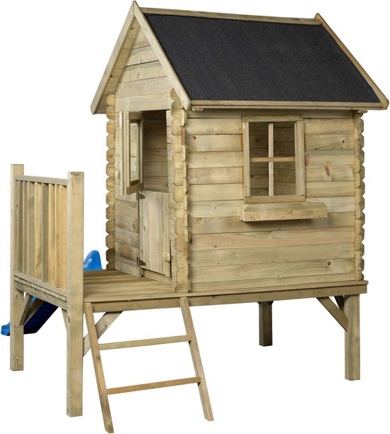SwingKing Houten speelhuis met glijbaan - Voor kinderen buiten in de tuin