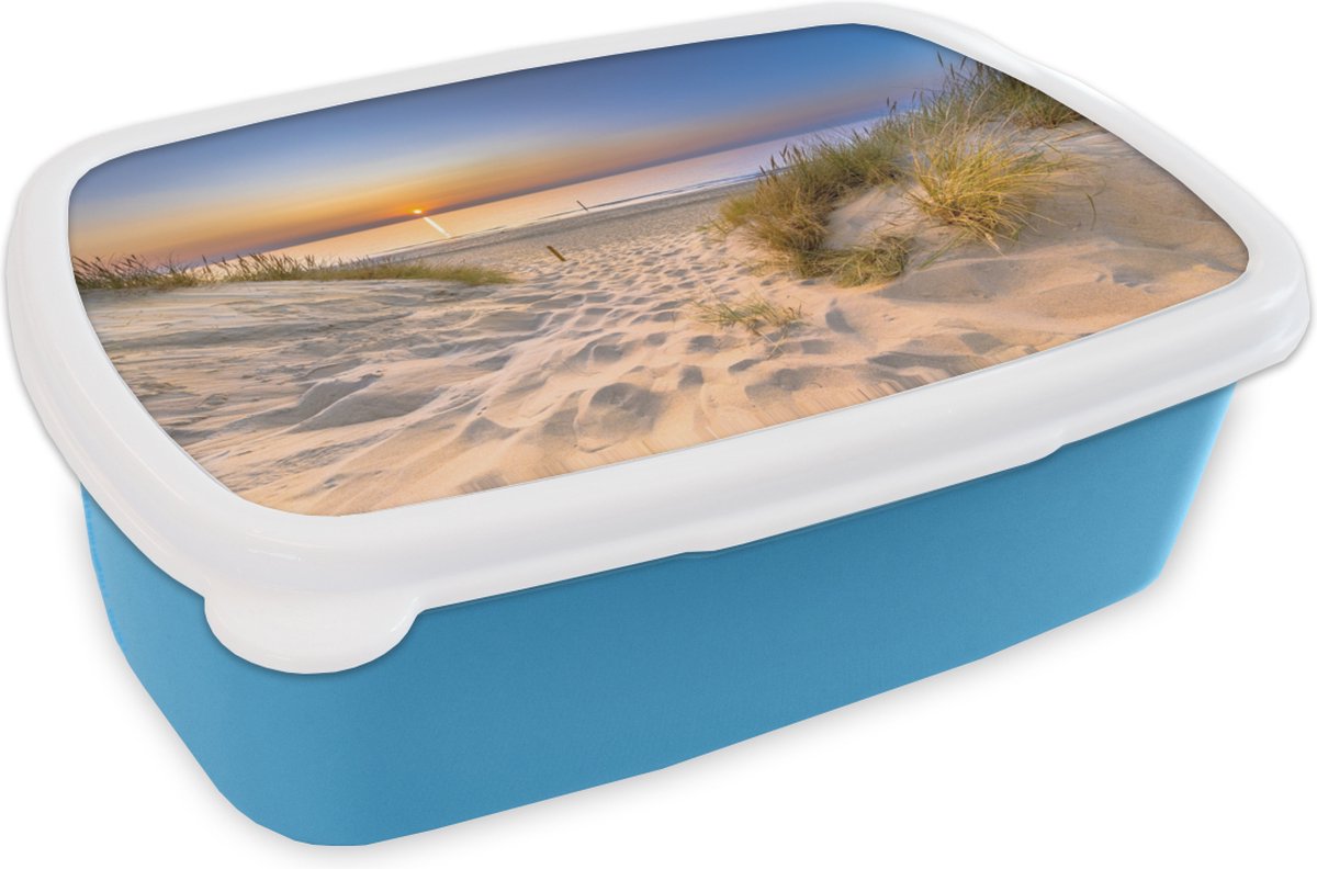 Broodtrommel Blauw - Lunchbox Duin - Zonsondergang - Horizon - Strand - Gras - Brooddoos 18x12x6 cm - Brood lunch box - Broodtrommels voor kinderen en volwassenen