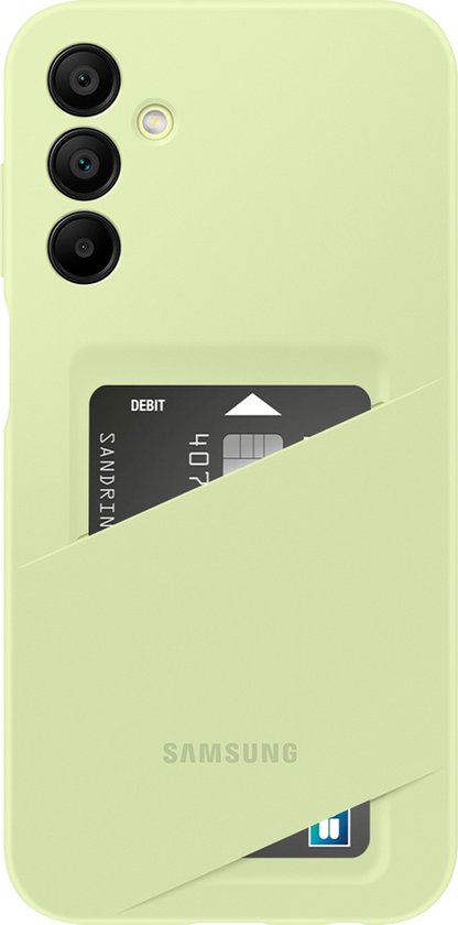 Lichtgroen Samsung telefoonhoesje met een sleuf voor pasjes, met het Samsung logo.