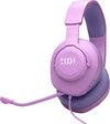 Paarse gaming headset met JBL logo, afneembare microfoon, op zwarte achtergrond.