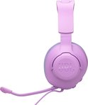 Paarse gaming headset met JBL logo en afneembare microfoon, op zwarte achtergrond.
