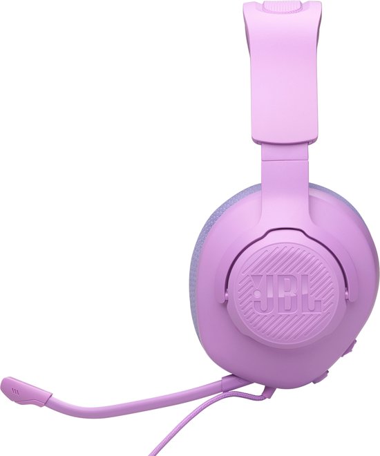 Paarse gaming headset met JBL logo en afneembare microfoon, op zwarte achtergrond.