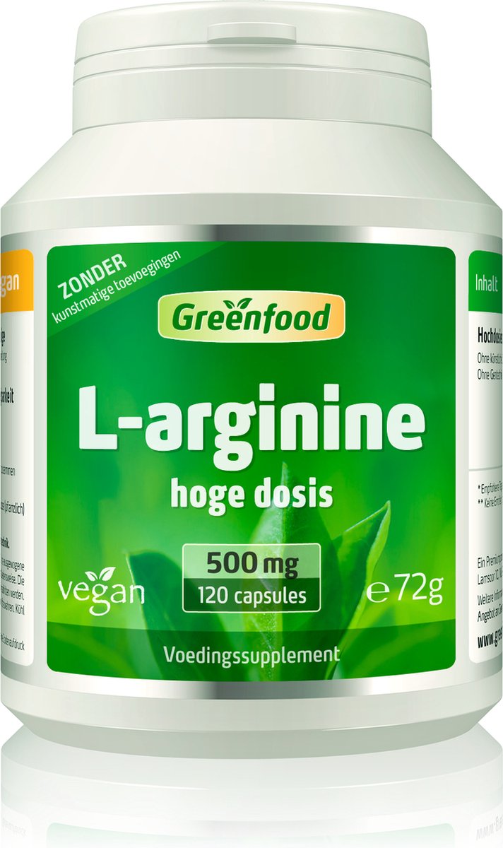 Goedkoopste Greenfood L-arginine, 500 mg, 120 capsules, hoge dosering, veganistisch - Zonder toevoegingen. Zonder genetische manipulatie.