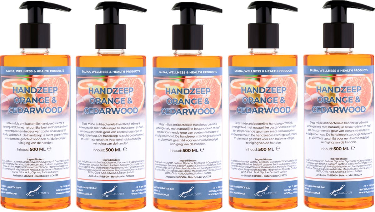 Goedkoopste Handzeep Sweet Orange & Cedarwood 500 ml - met gratis pompje - set van 5 stuks - Voordeelverpakking