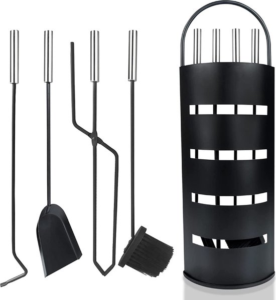 Ceruzo Openhaardset RVS Zwart - 5 delig- Haardset-Houtkachel- Veger Tang Pook Schep-H66 x 22 x 16 cm