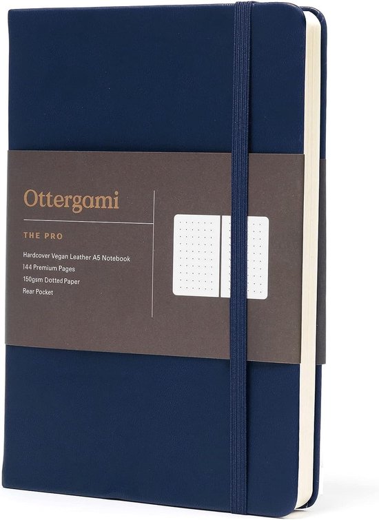 Ottergami Notitieboek A5 - Notebook Journal met Puntjes - Hoogwaardig Dik Papier 150g/m² - 144 pagina’s - Bullet Journal Blauw - Vegan Lederen Kaft Donker - Hardcover - Back To School
