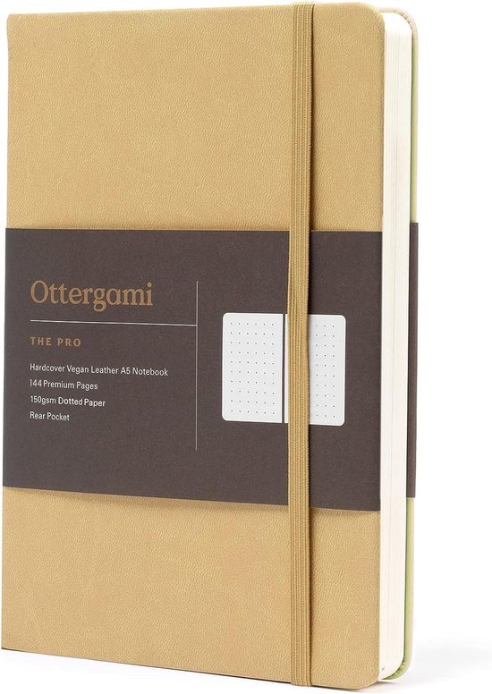 Ottergami Notitieboek A5 - Notebook Journal met Puntjes - Hoogwaardig Dik Papier 150g/m² - 144 pagina’s - Bullet Journal Geel Dagboek - Vegan Lederen Kaft Pink - Hardcover - Back To School