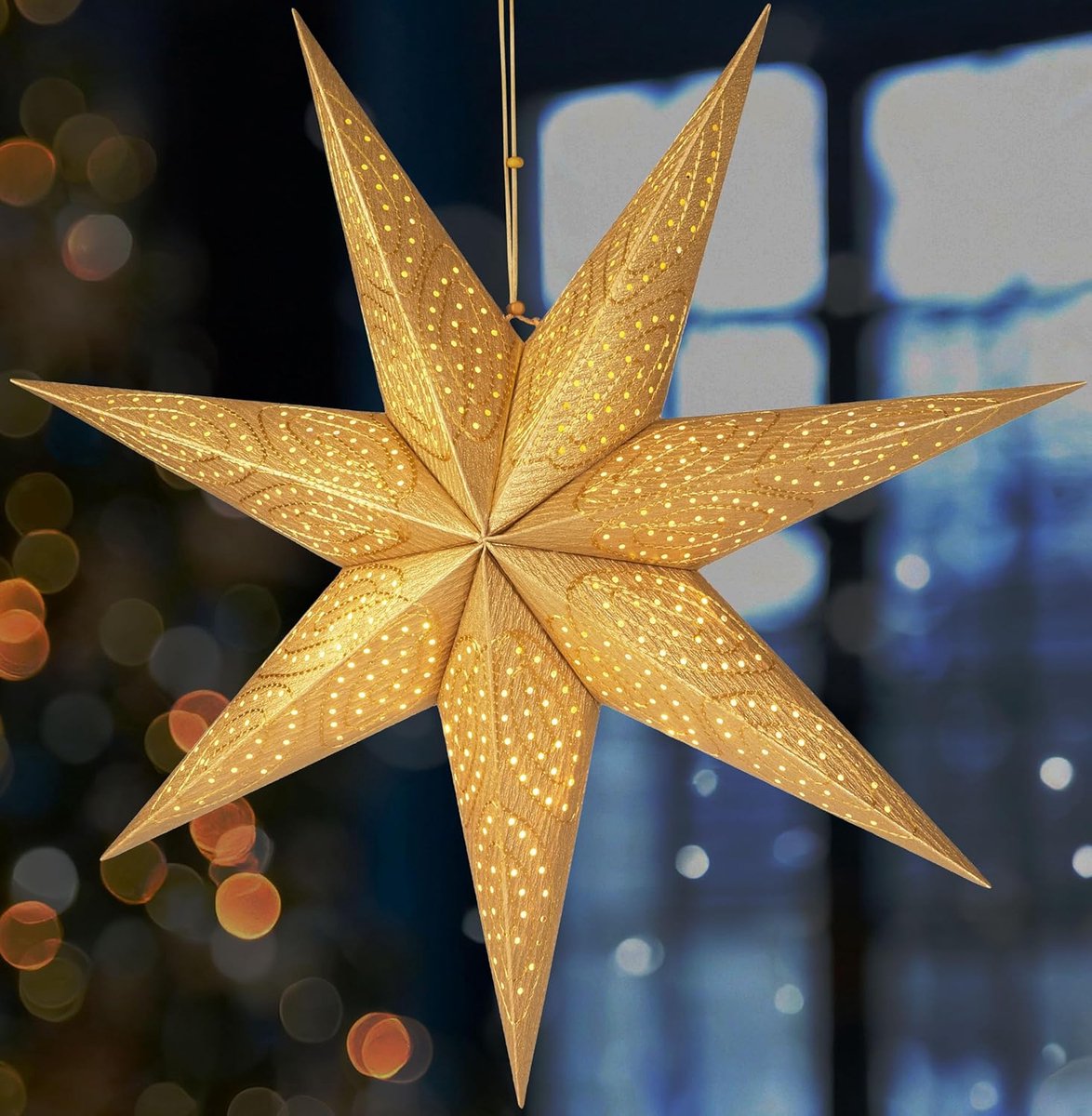 Brubaker 60 cm Papieren Kerstster om op te Hangen - Raam Adventster - 3D Papieren Ster met E14 Voet - Hangende Kerstdecoratie Lichtster met 3,5 m Kabel - Goud Goud patroon grof