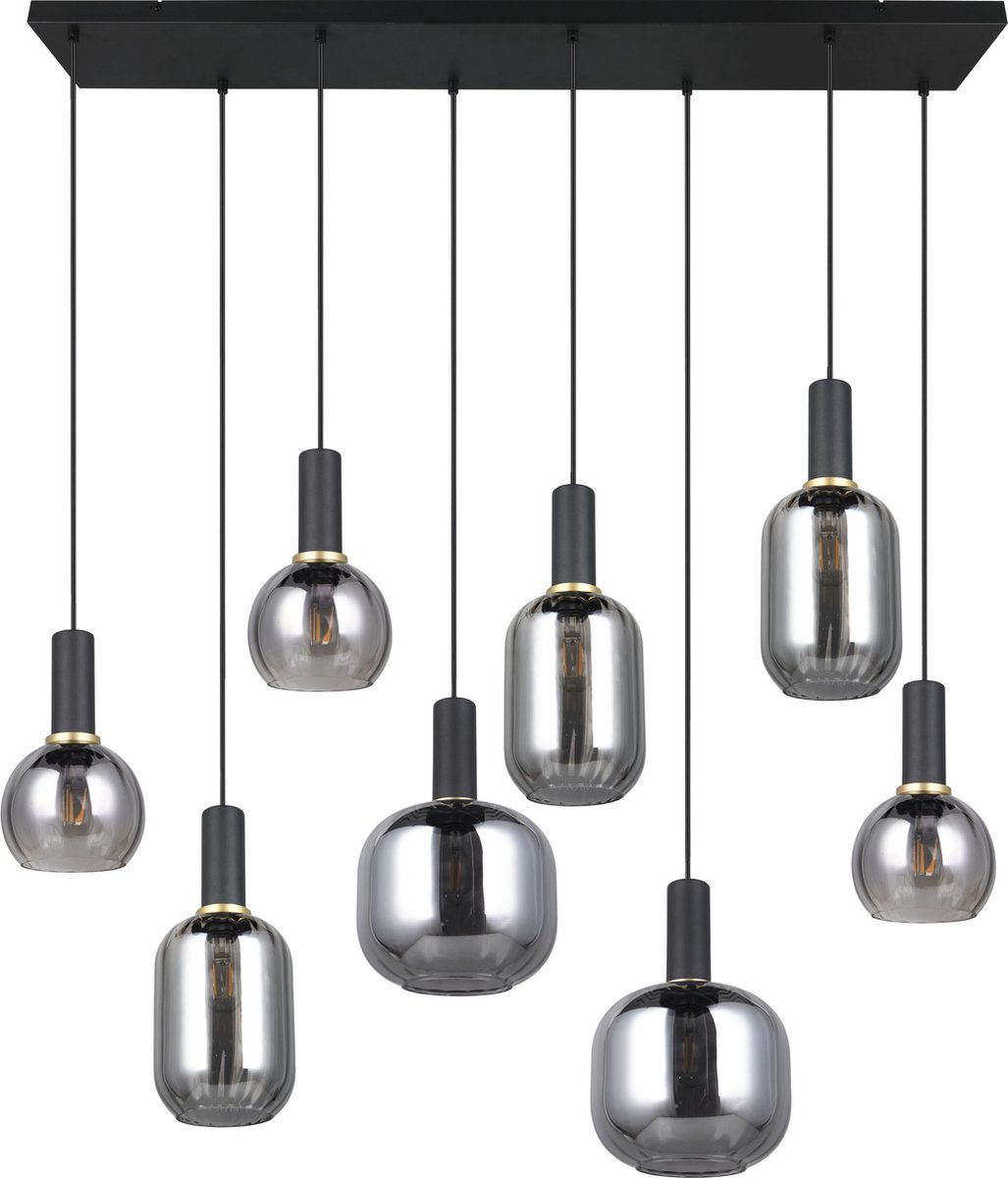 TRIO DIVA - Hanglamp - Zwart mat - Rookglas - excl. 8x E27 10 W - Plafondbevestiging - In hoogte verstelbaar