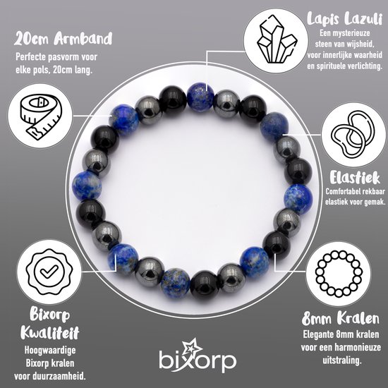 Gedetailleerde weergave van een armband met 8mm lapis lazuli, onyx en hematiet kralen. 20cm lang en elastisch.