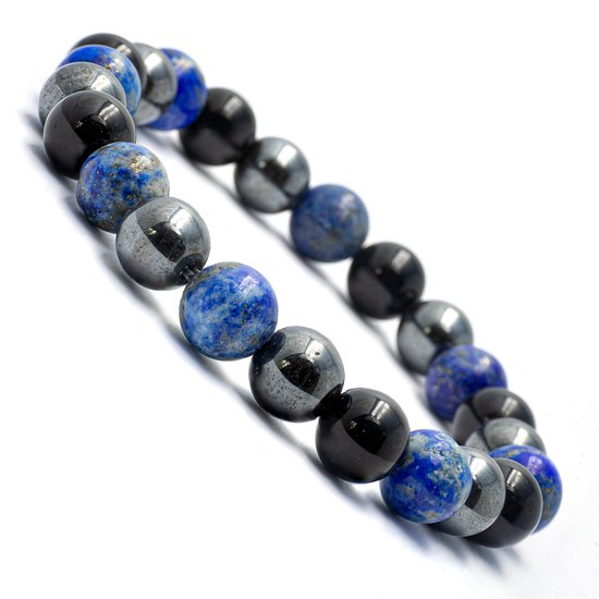 Armband met ronde, glanzende zwarte onyx, blauwe lapis lazuli met gouden spikkels en grijze hematiet kralen.