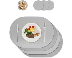 Washable Leather Placemats - Round Table Decoration for Kitchen and Dining Table - Set of 4 Oval Grey