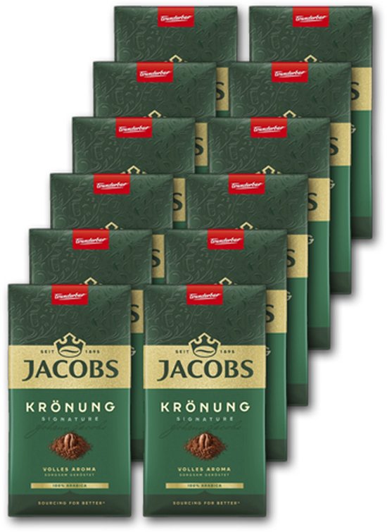 Twaalf pakken Jacobs Krönung Signature koffie, donkergroen met gouden accenten, met "Volles Aroma" tekst.