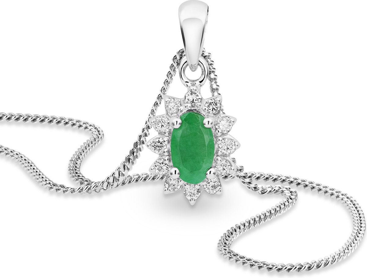 Miore Pure Collier Ketting Dames - 9 Karaat - Zilverkleurig - Diamanten en Groene Smaragd - 45 cm